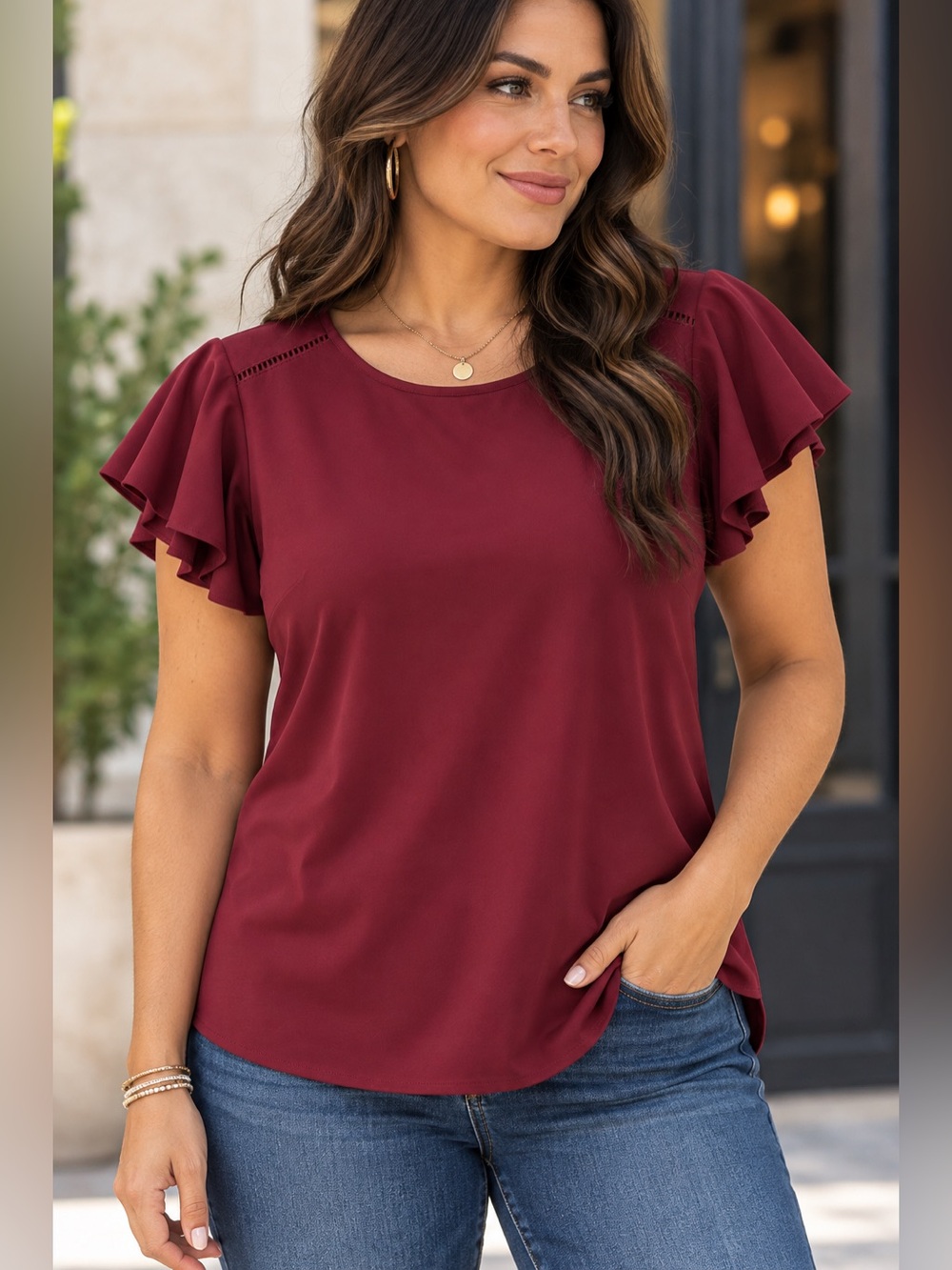 Lane Bryant Women’s Ruffle Sleeve Top - Burgundy. Size 16